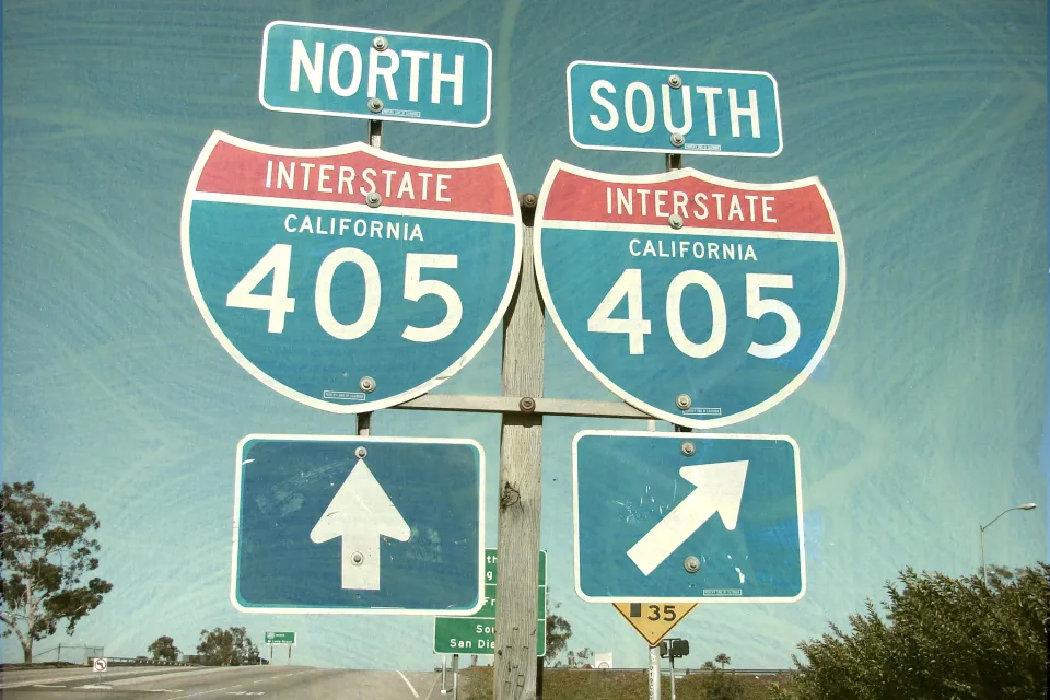 Vintage filtered photo of Interstate 405 North and South sign